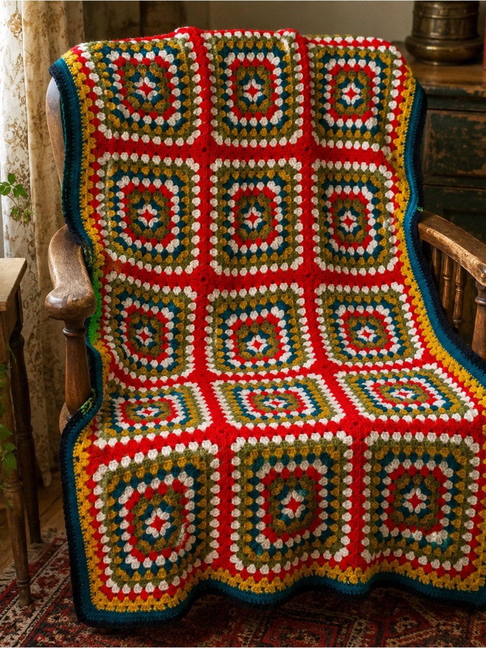Handmade Crochet Granny Square Afghan Throw Blanket 40x58 Boho Retro